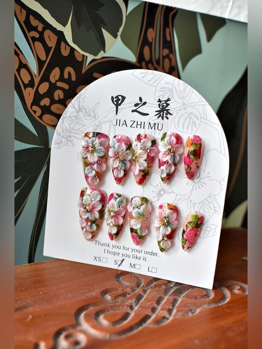 🌸 JIAZHIMU 3D Pink Floral PressOn Nails Rhinestone Flower Design Size Small 2.5
